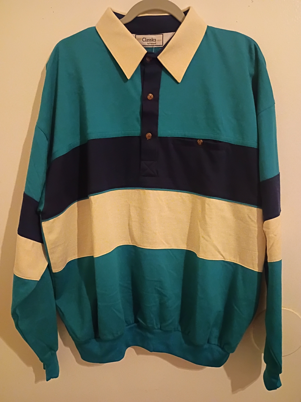 VTG Classic Teal, Navy & Cream Colorblock Rugby Shirt Sz XL NWT